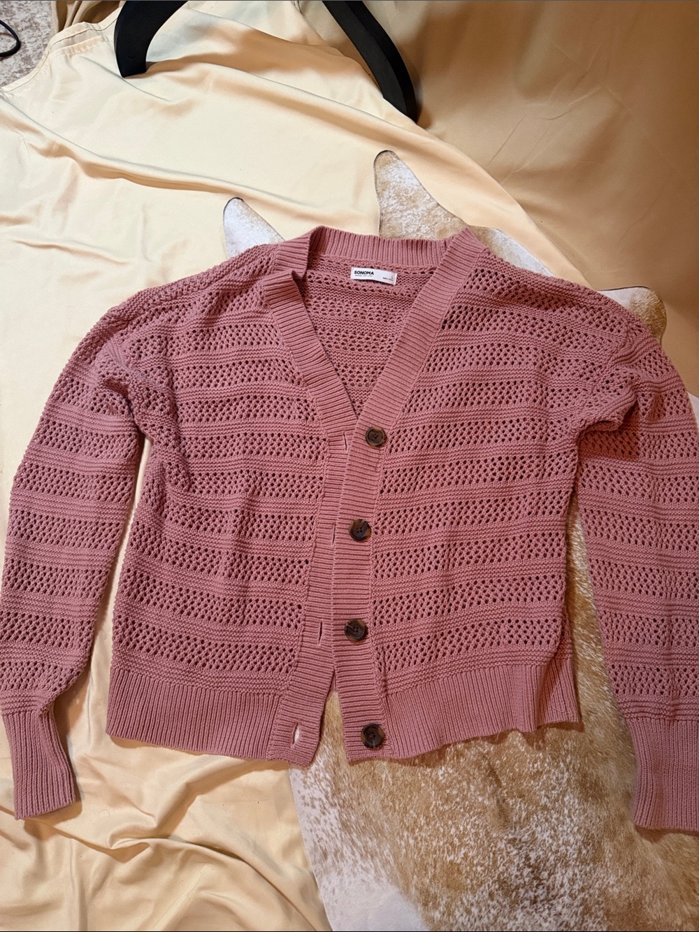 Sonoma Dusty Rose Open-Knit Button Cardigan